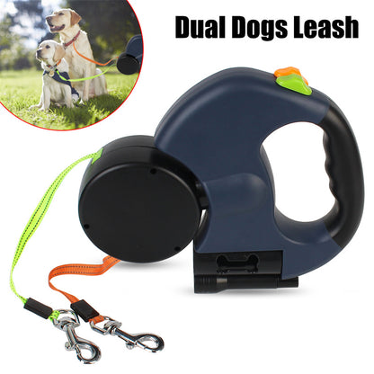Tangle‑Free Retractable Double Dog Leash with Light & Poop Bag Holder