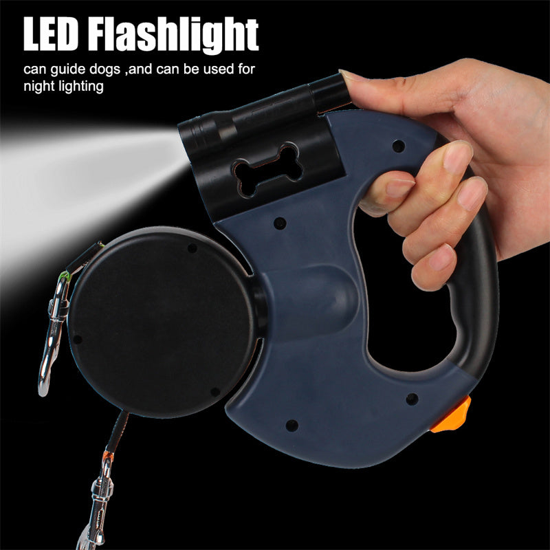Tangle‑Free Retractable Double Dog Leash with Light & Poop Bag Holder
