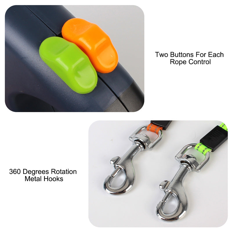 Tangle‑Free Retractable Double Dog Leash with Light & Poop Bag Holder