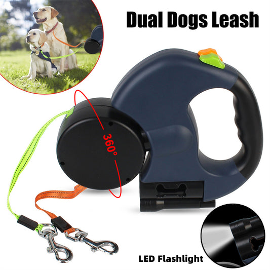 Tangle‑Free Retractable Double Dog Leash with Light & Poop Bag Holder