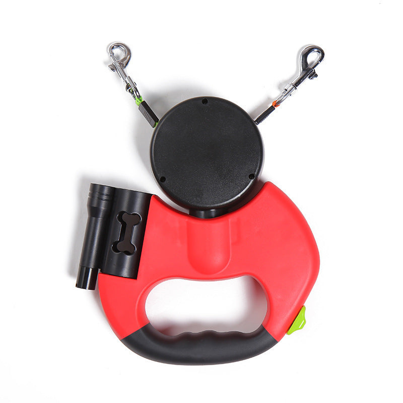 Tangle‑Free Retractable Double Dog Leash with Light & Poop Bag Holder